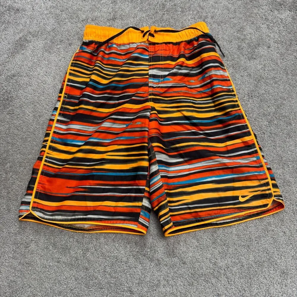 Nike Swim Trunks Unlined Shorts Mens Small Orange Striped Swimwear Active Beach